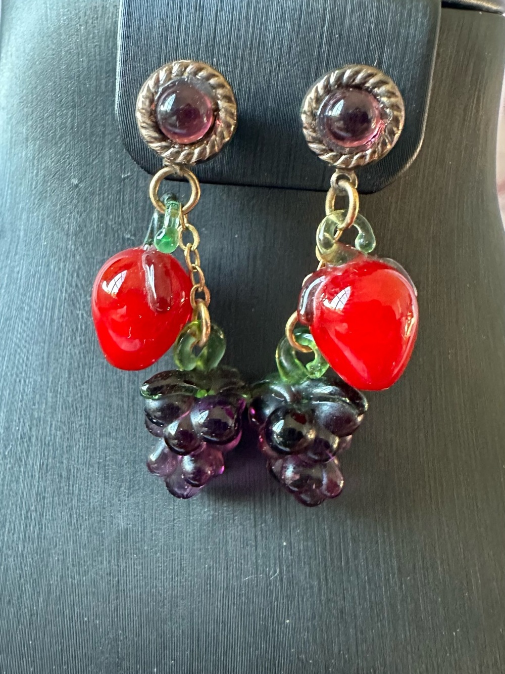 Red & Purple Glass Fruit Drop Earrings with 925 sterling silver clasp